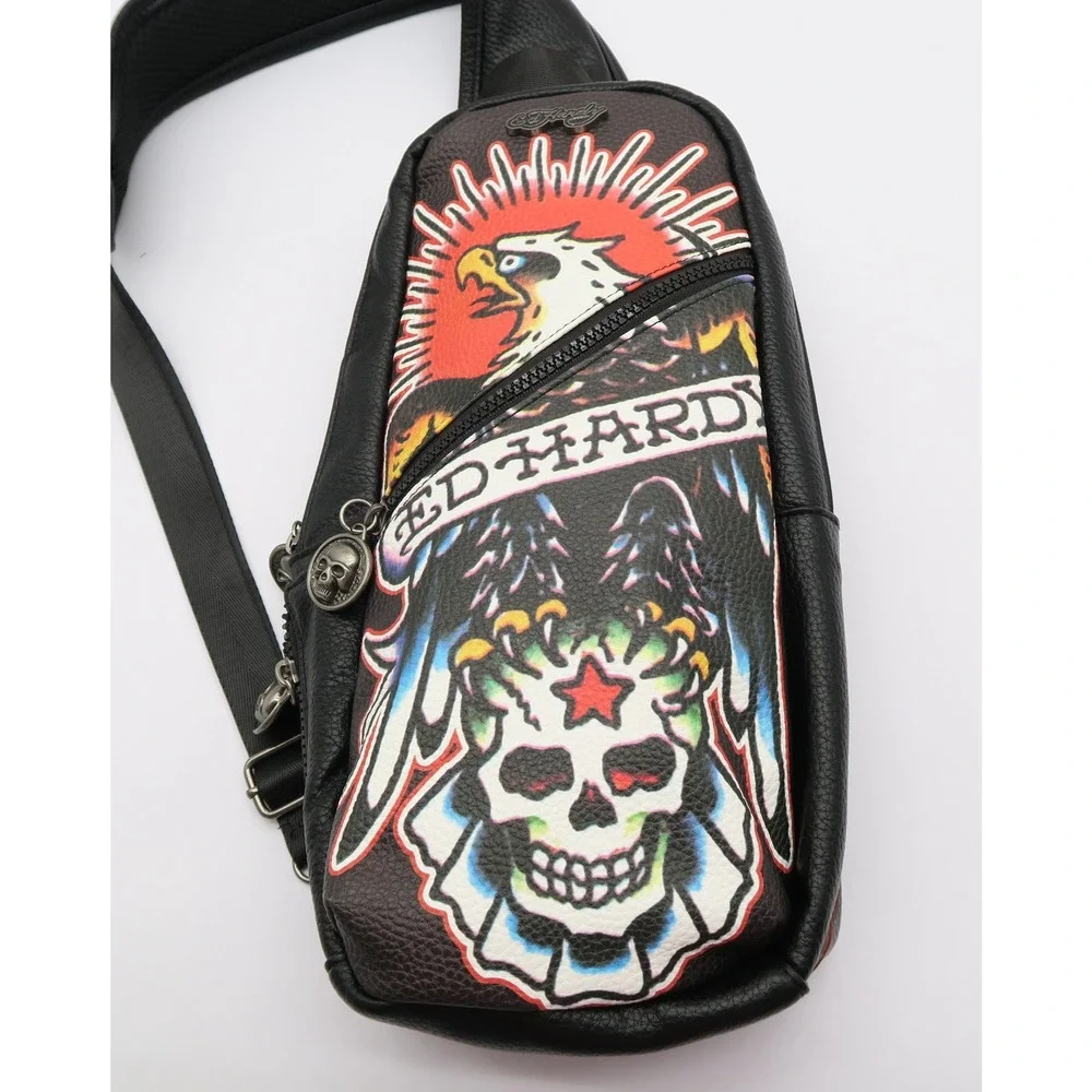 Ed Hardy Mens Black Eagle Skull Sling Bag Crossbody Backpack NEW